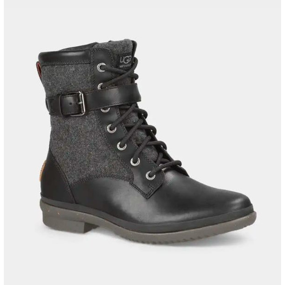 Ugg Womens Kesey Waterproof Leather Lace Wool Lined Vintage Look Black Boots 8